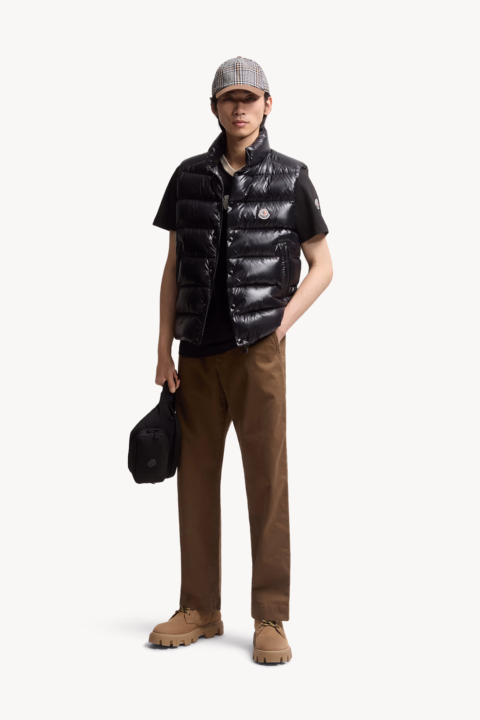 Embroidered Logo Cotton Piquet V-Neck T-Shirt Men Black Moncler 0